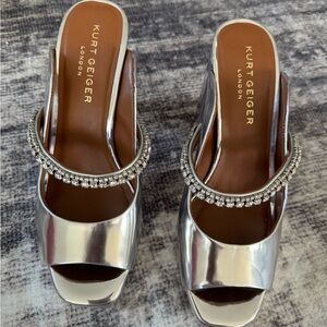 Kurt Geiger Silver Heeled Peep Toe Platform Shoes with Embellishments Size 41